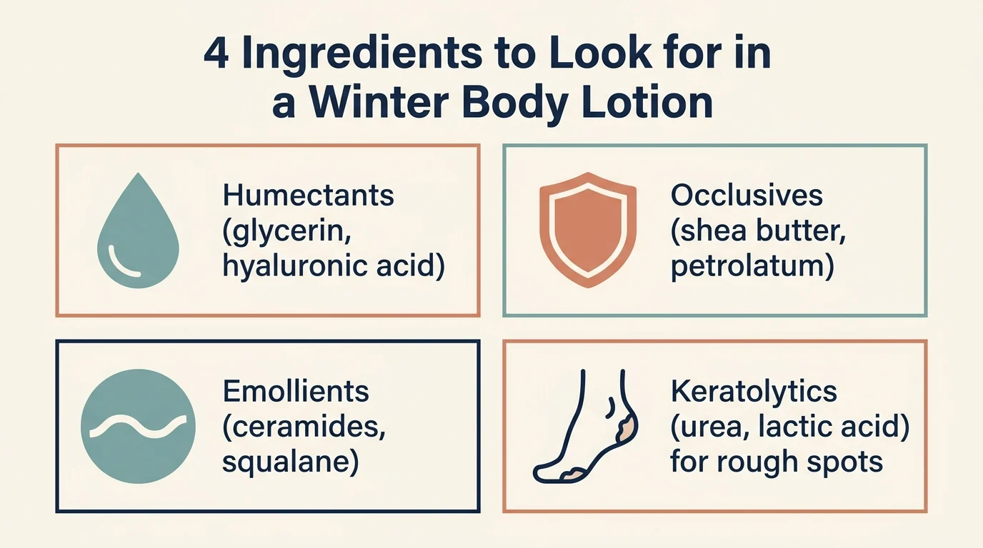 Infographic listing 4 ingredients to look for in a winter body lotion: humectants, occlusives, emollients and keratolytics