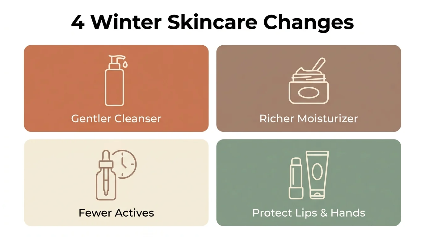 Infographic listing the 4 winter skincare changes: gentler cleanser, richer moisturizer, fewer actives, and protecting lips and hands