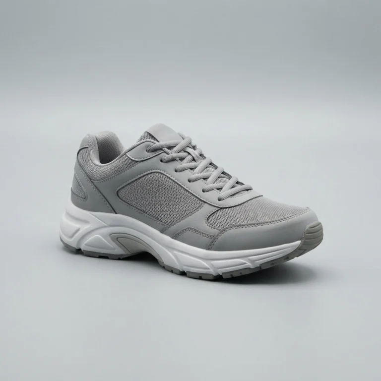 A plain grey walking sneaker with a visibly structured arch-support midsole, shown against a studio background