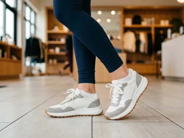 Close-up of a woman's feet in cushioned white sneakers standing on a tile floor inside a bright retail store