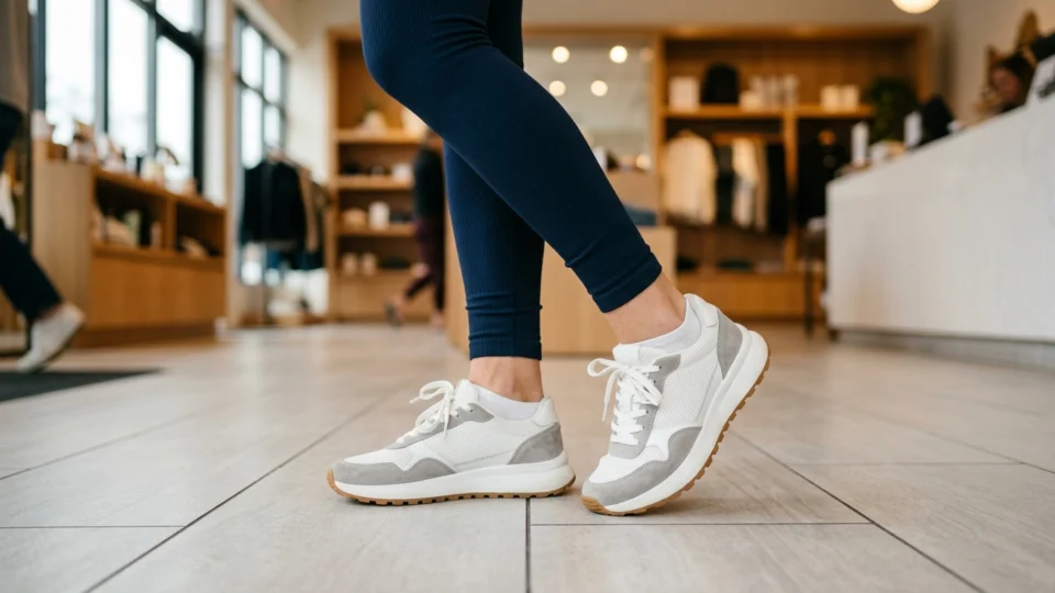 Close-up of a woman's feet in cushioned white sneakers standing on a tile floor inside a bright retail store