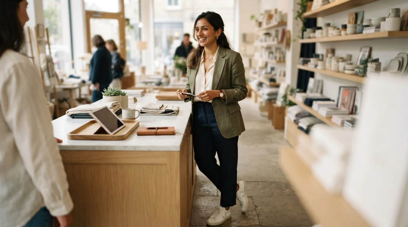 A retail employee standing at a store counter for a full shift, comfortable sneakers visible beneath her trousers