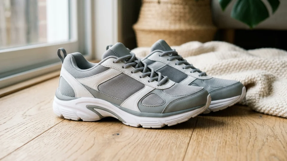 A pair of plain grey and white walking sneakers with a cushioned sole, placed on a wooden floor near a window