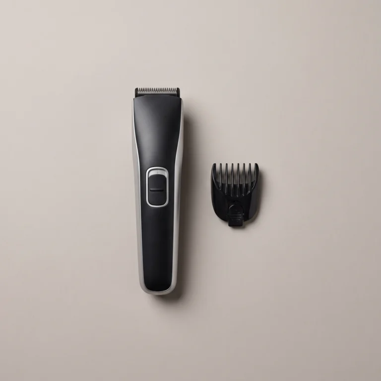 Cordless beard trimmer with adjustable guard attachment on a plain background