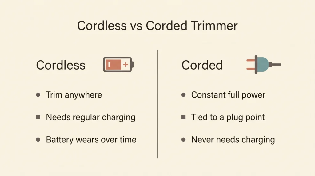 Infographic comparing cordless and corded beard trimmers across convenience, power consistency and long term battery wear
