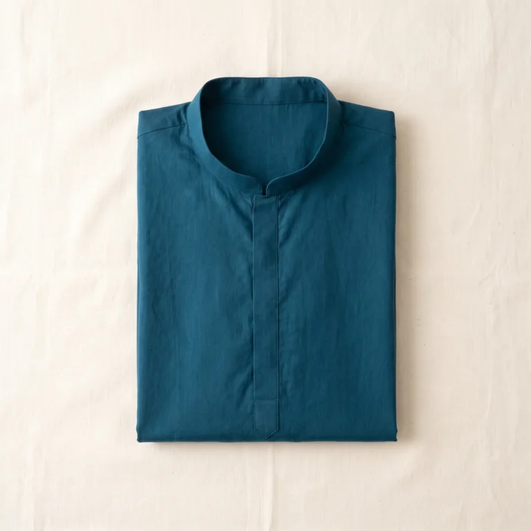 Plain cotton straight kurta for men, folded, representative editorial image