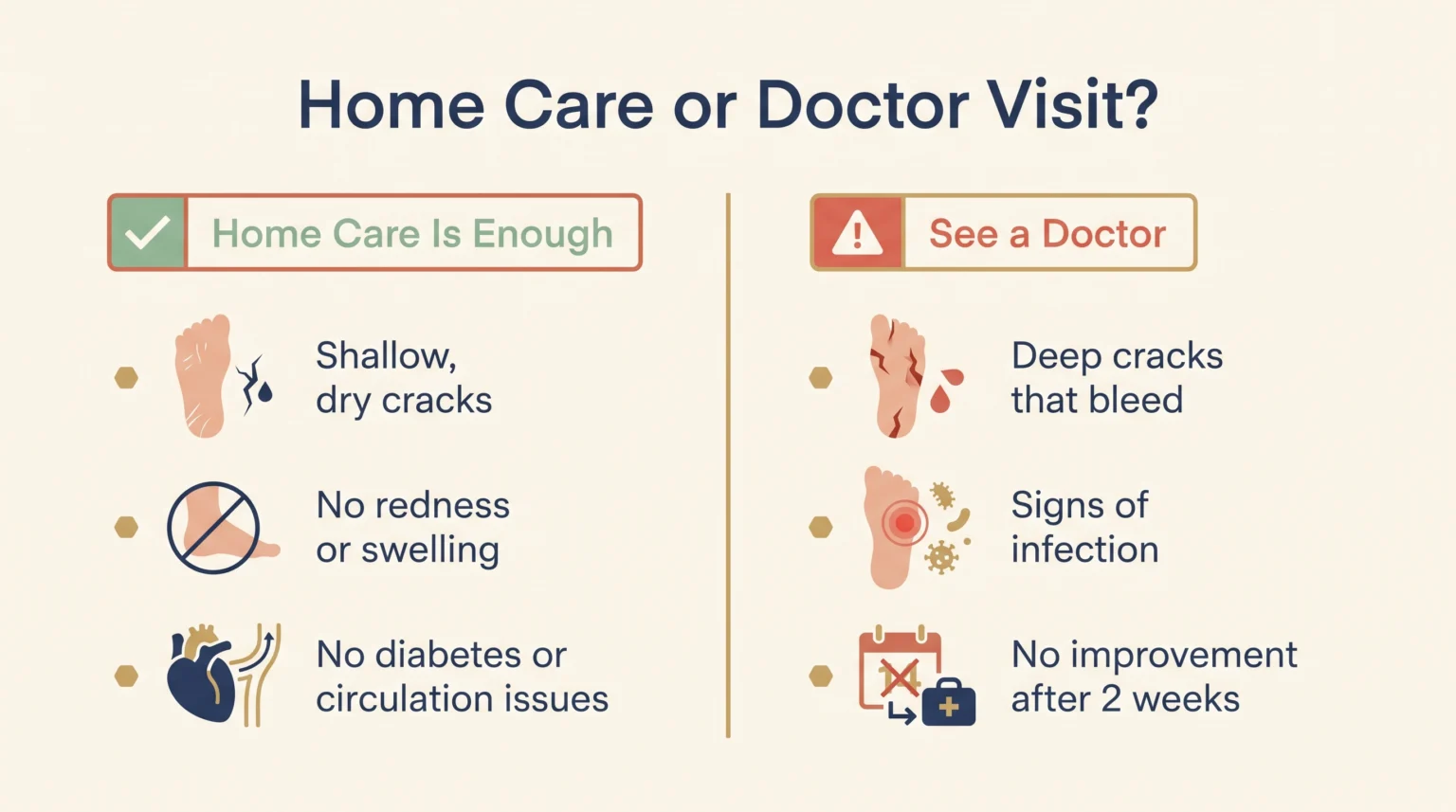 Decision infographic comparing when cracked heels can be treated at home versus when to see a doctor