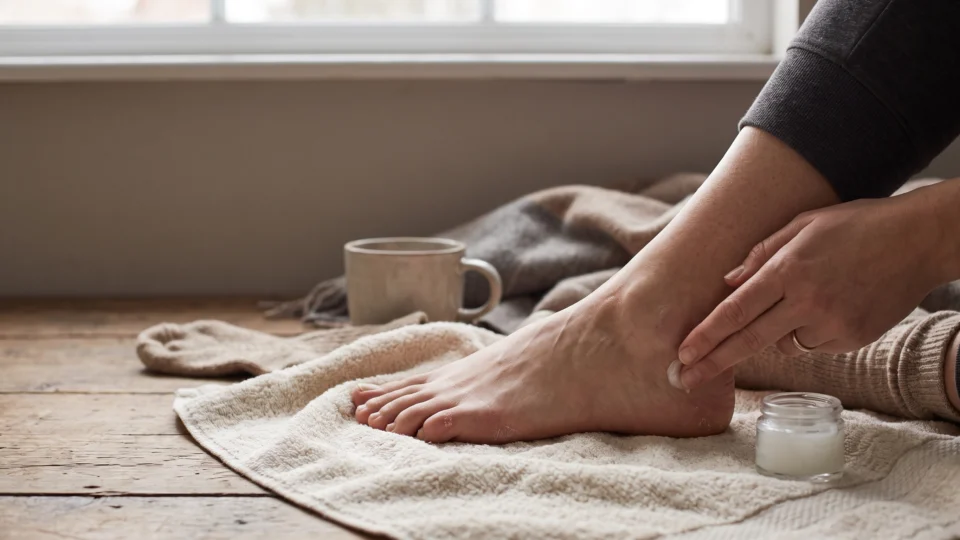 Close-up of bare feet resting on a towel with hands applying a thick balm to the heel in a cozy winter home setting