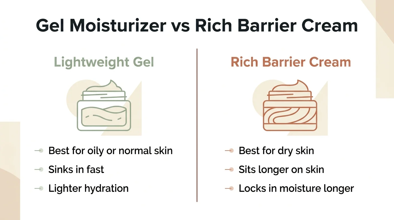 Comparison infographic of lightweight gel moisturizer versus rich barrier cream, showing best use cases for each
