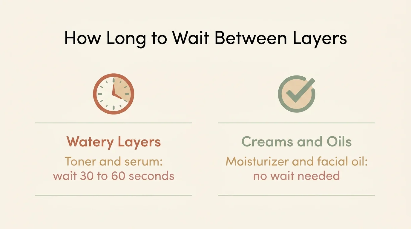 Infographic explaining how long to wait between skincare layers: about 30 to 60 seconds for watery products, no wait needed for creams and oils