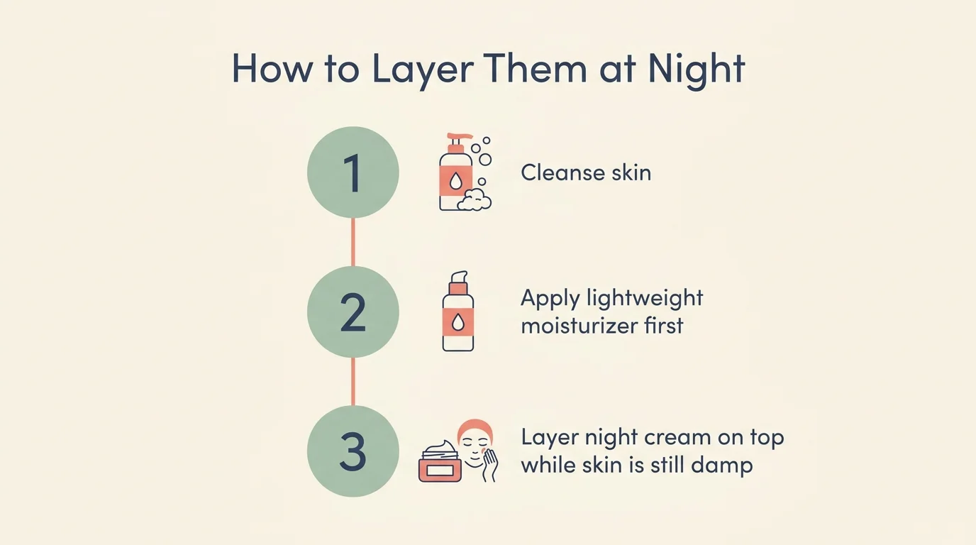 Three-step infographic showing how to layer a night cream over a daily moisturizer at night