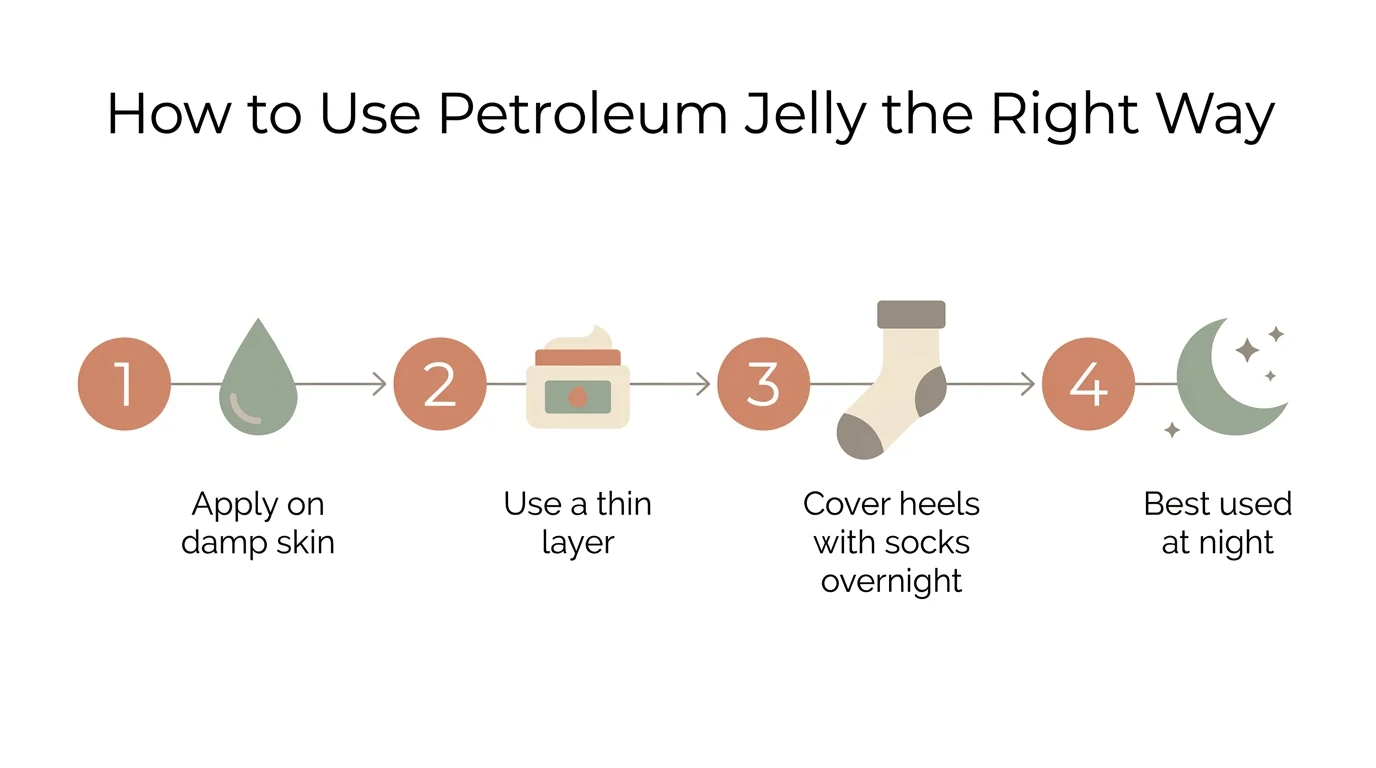 Infographic showing 4 steps to use petroleum jelly correctly: apply on damp skin, use a thin layer, cover heels with socks overnight, best used at night