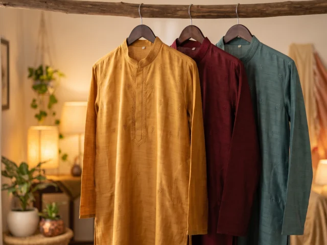 Three mens festive kurtas in mustard, maroon and teal hanging together