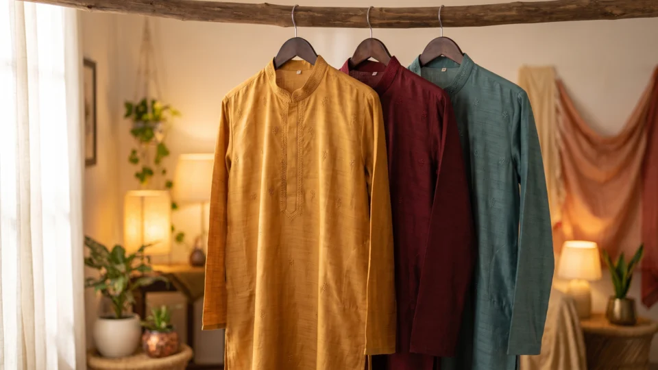 Three mens festive kurtas in mustard, maroon and teal hanging together
