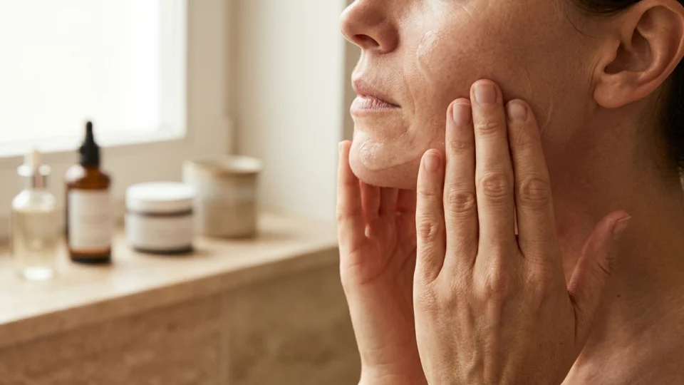 Close-up of hands applying a lightweight skincare serum to freshly cleansed skin