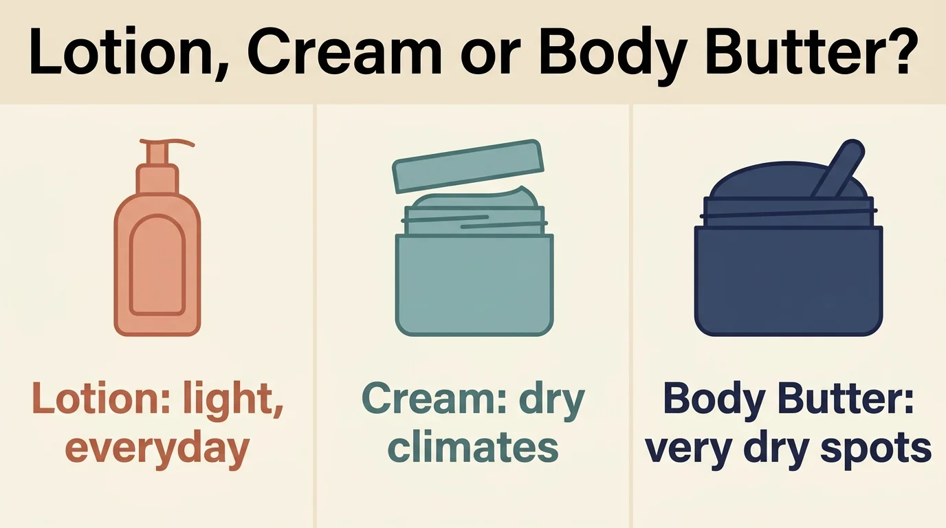Comparison infographic of body lotion, body cream and body butter, showing best use cases and texture differences for each