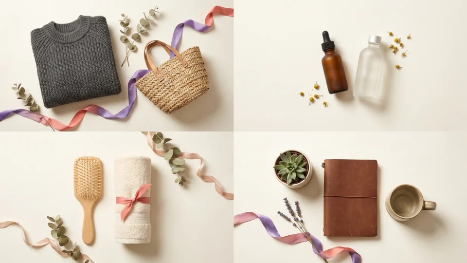Flat-lay of a folded sweater and woven tote, skincare bottles, a hairbrush and towel, and a notebook with a mug, representing FIND N FORM's fashion, beauty, personal care and lifestyle categories