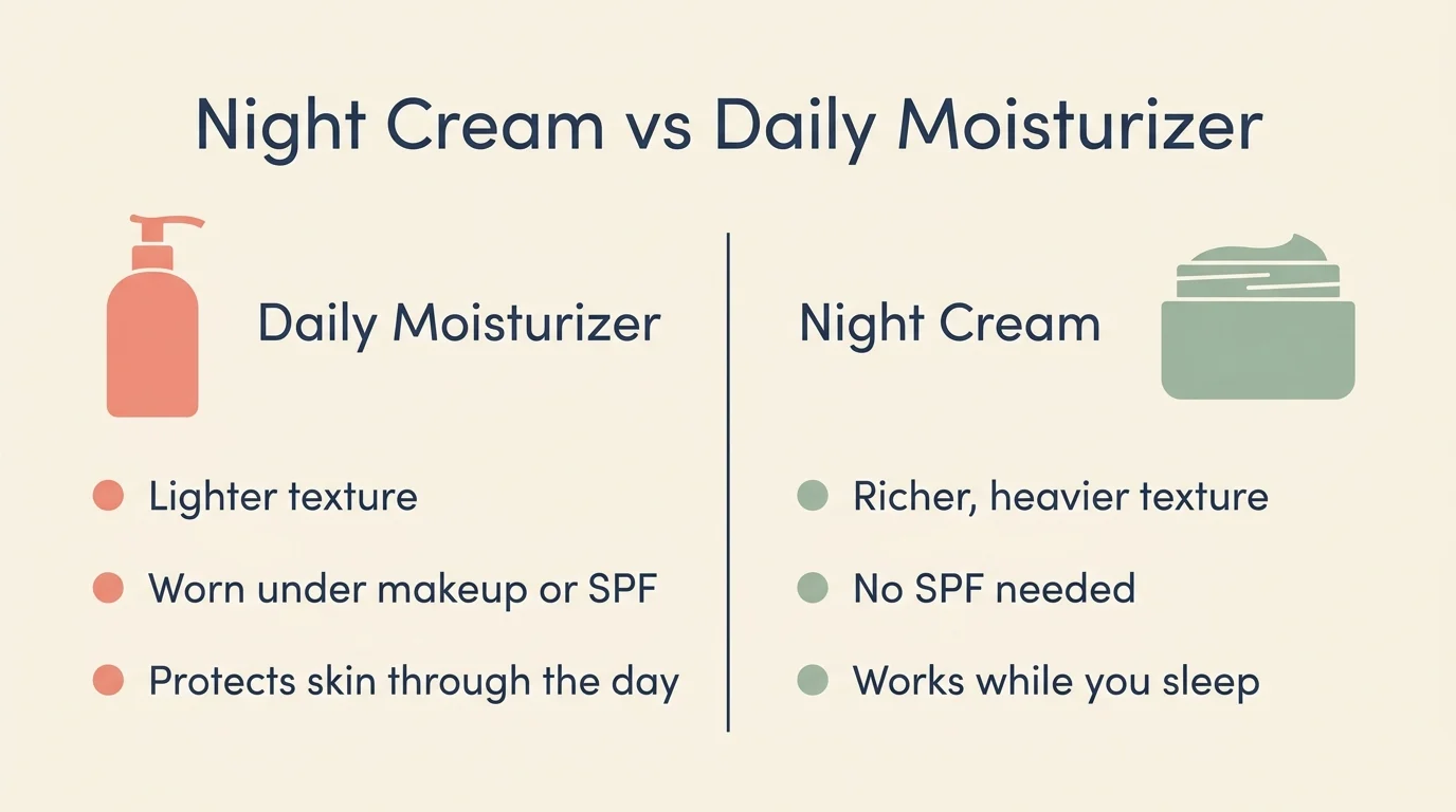 Comparison infographic of night cream versus daily moisturizer showing texture, SPF and time of use differences