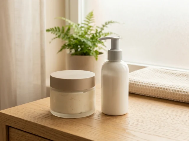 A rich cream jar and a lightweight moisturizer pump bottle side by side on a bathroom shelf