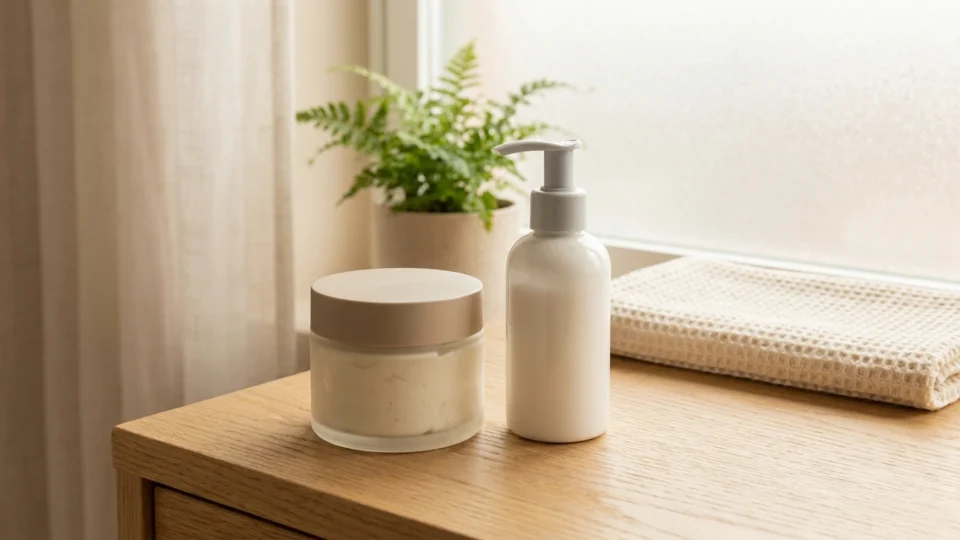 A rich cream jar and a lightweight moisturizer pump bottle side by side on a bathroom shelf