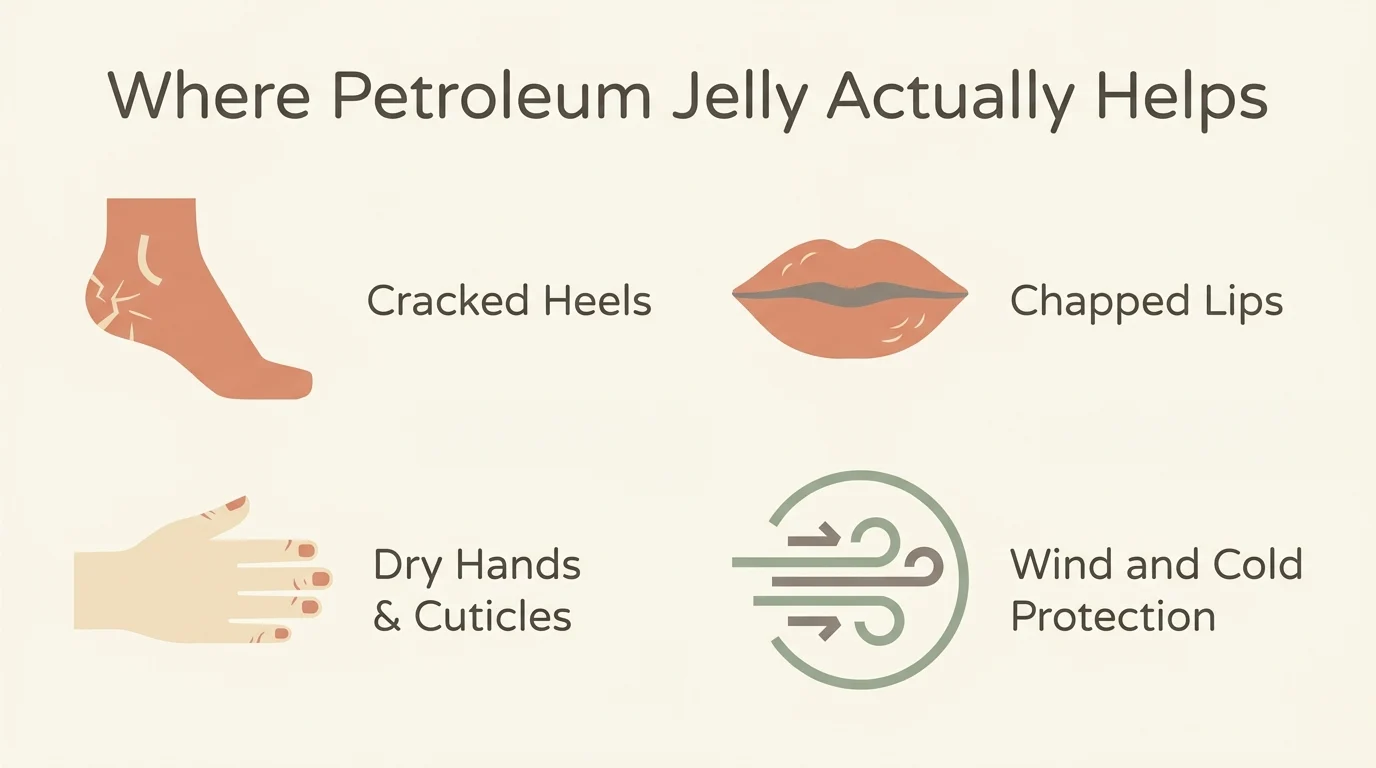 Infographic showing where petroleum jelly helps most: cracked heels, chapped lips, dry hands and cuticles, and wind and cold protection