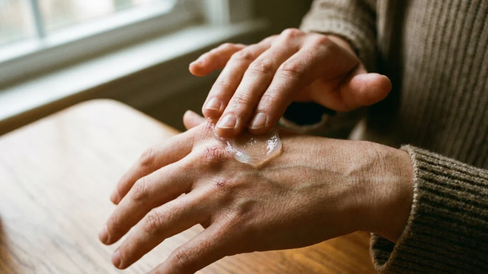 Close-up of hands applying a translucent jelly balm to dry skin near the knuckles