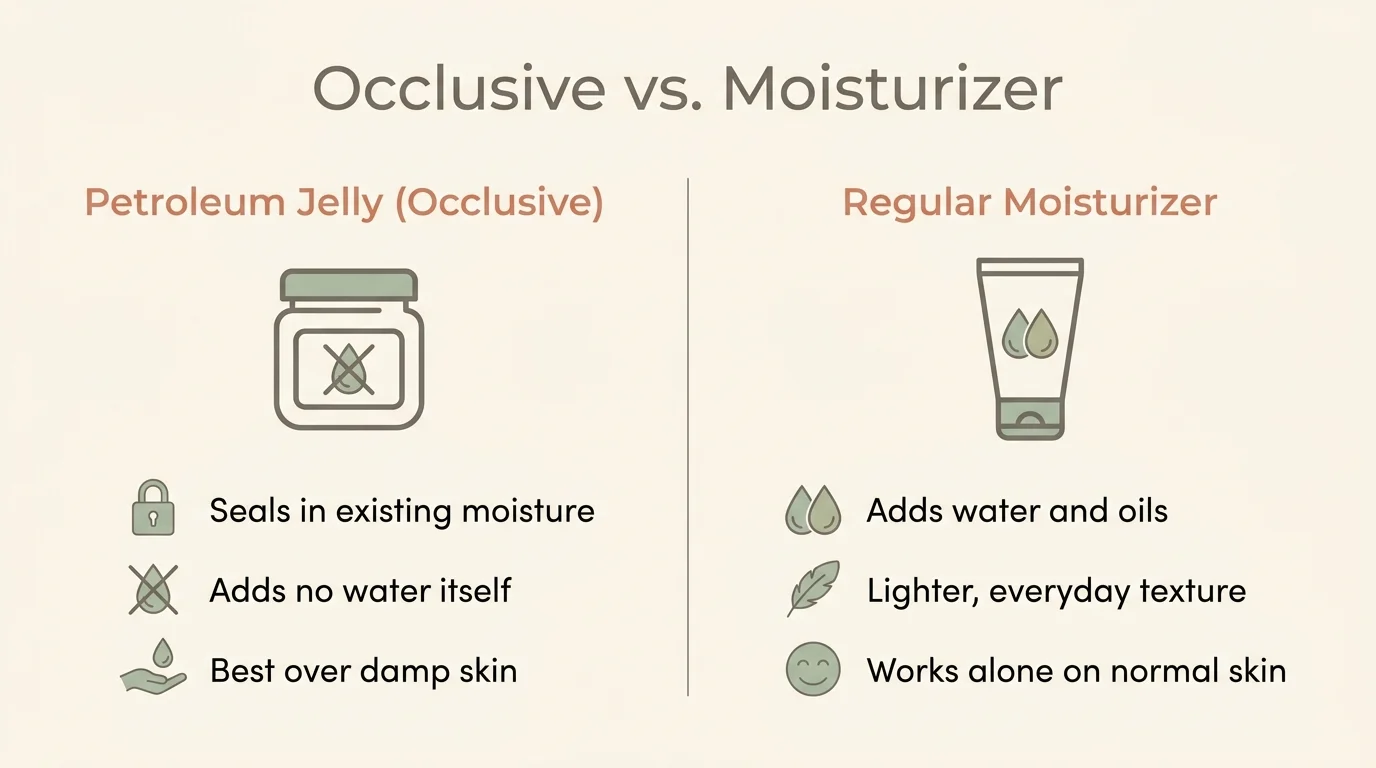Comparison infographic of petroleum jelly as an occlusive versus a regular moisturizer