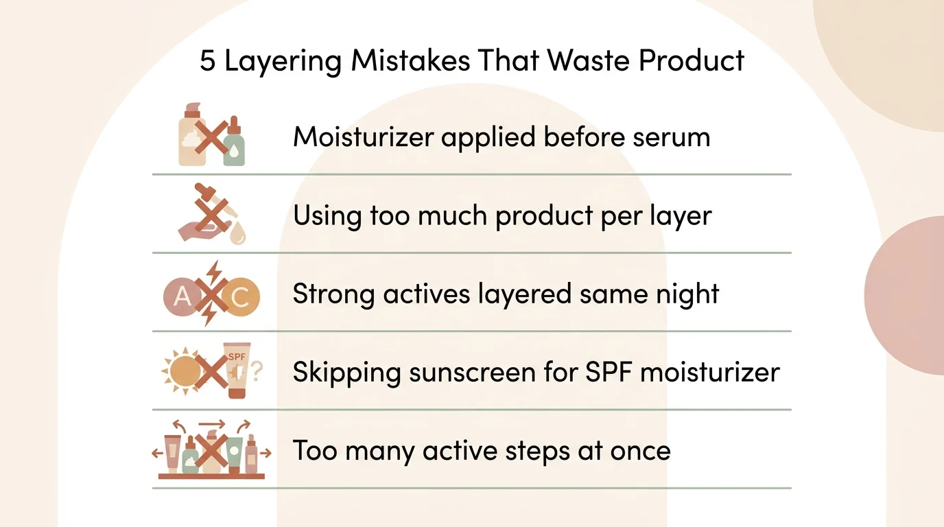 Infographic listing common skincare layering mistakes: moisturizer before serum, using too much product, mixing strong actives, skipping sunscreen, too many actives at once