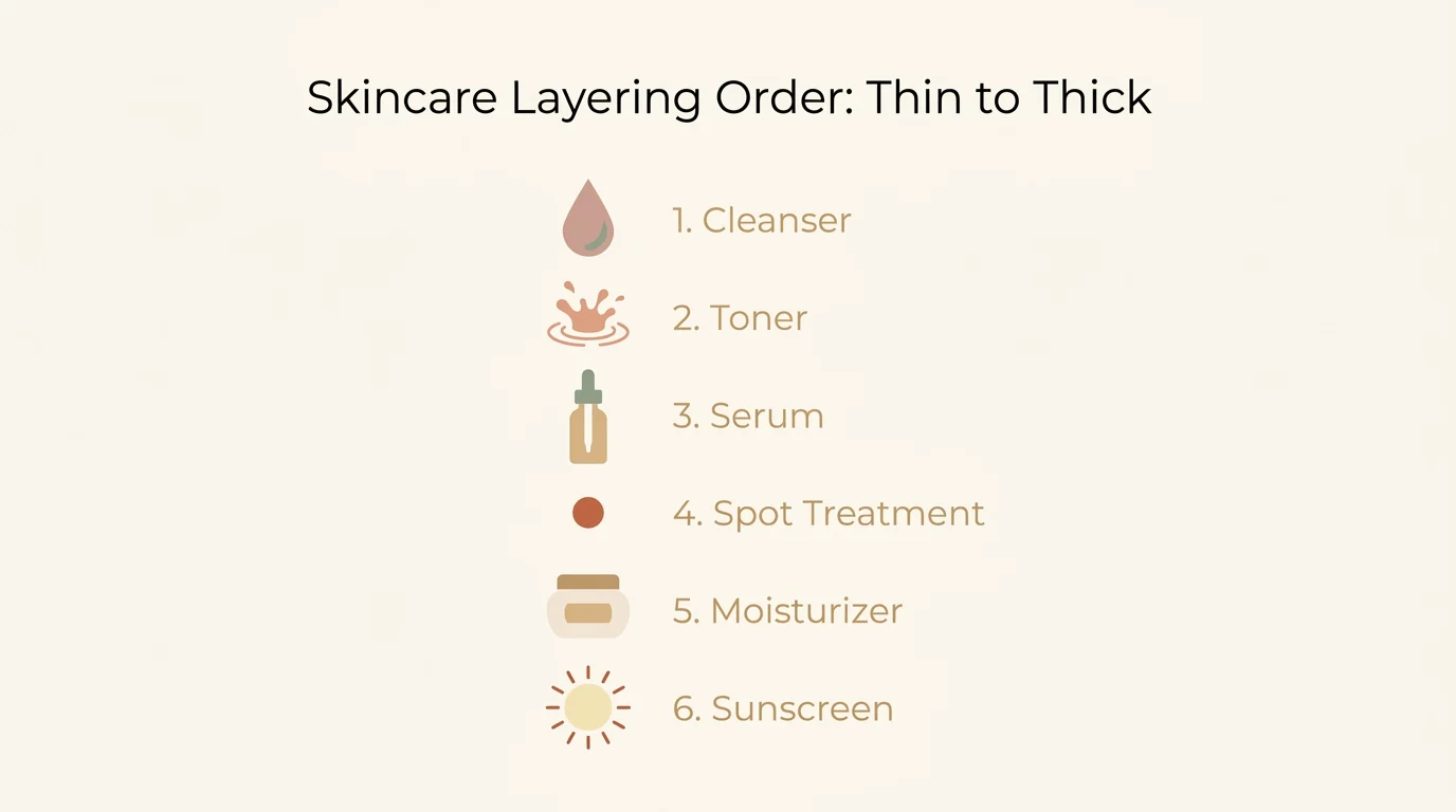 Infographic showing the correct skincare layering order from thinnest to thickest: cleanser, toner, serum, spot treatment, moisturizer, sunscreen