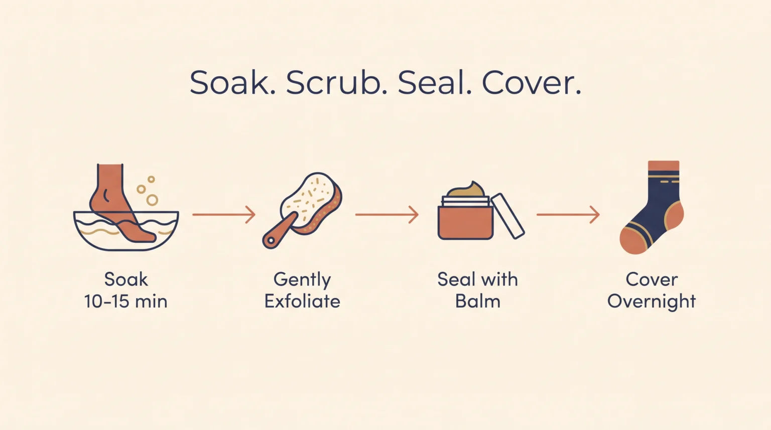 Infographic showing the soak, exfoliate, seal and cover routine for treating cracked heels at home