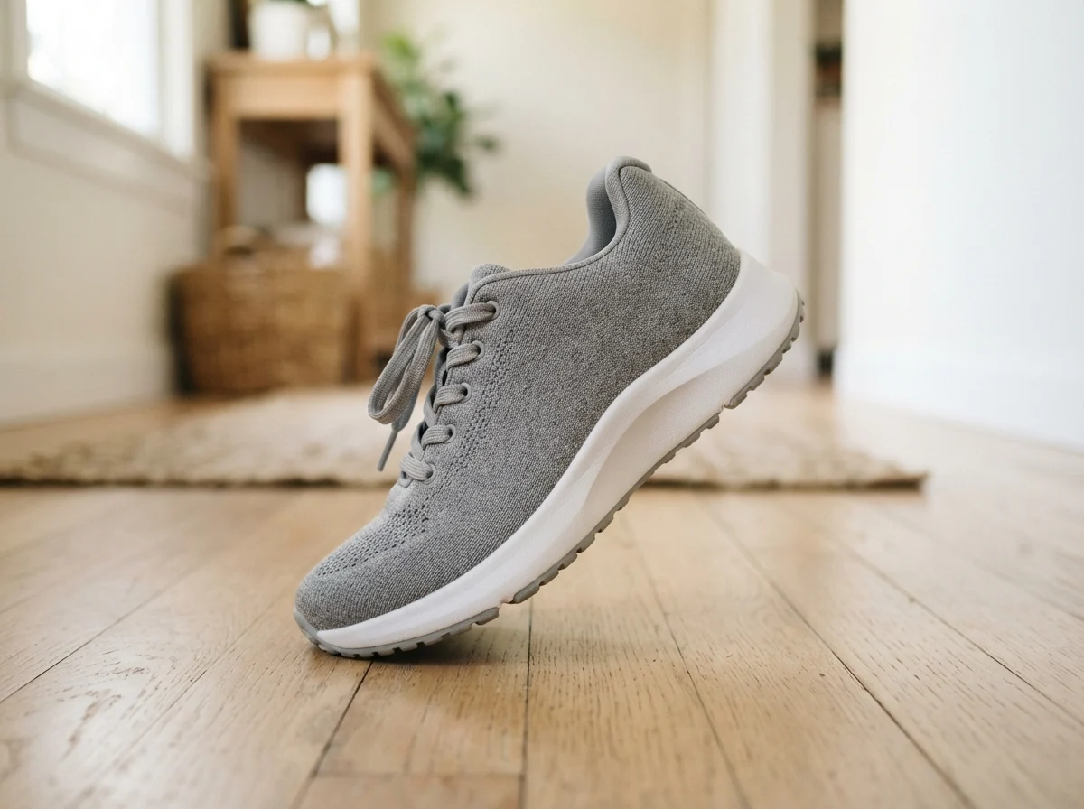 Side view of a single grey walking sneaker showing its curved arch profile and cushioned midsole