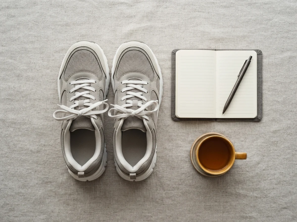 Flat lay of plain grey walking shoes next to a notebook, pen and cup of tea, suggesting research before buying