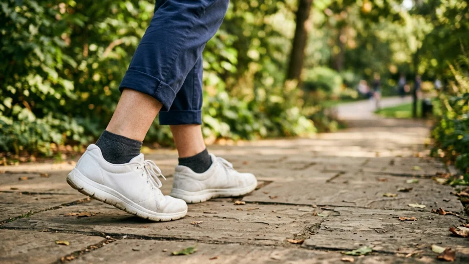 Woman walking outdoors on a paved park path wearing plain white cushioned walking shoes