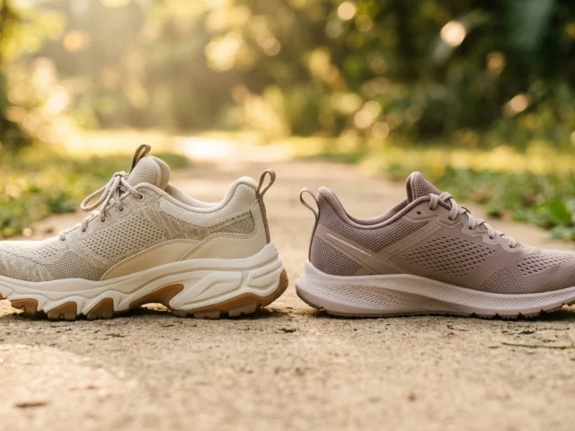 A cushioned walking sneaker and a lighter running shoe placed side by side on a concrete path