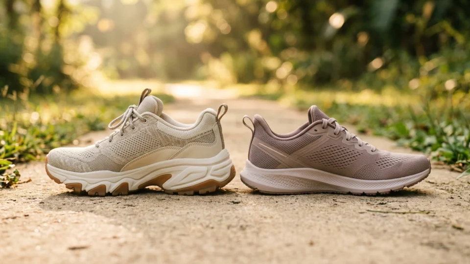 A cushioned walking sneaker and a lighter running shoe placed side by side on a concrete path