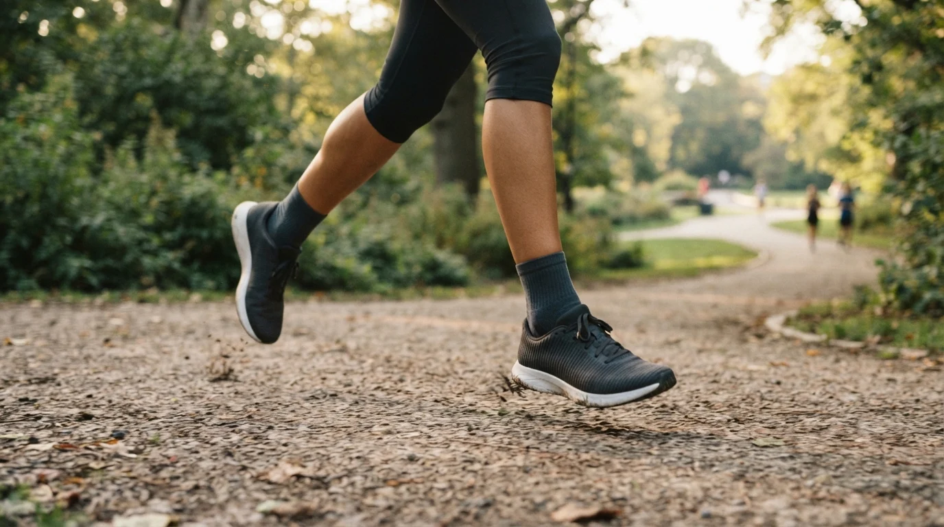 Close-up of a woman's feet mid-stride wearing lightweight running shoes on an outdoor jogging path