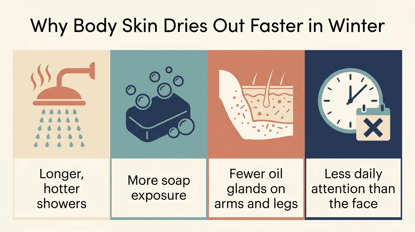 Infographic showing why body skin dries out faster than face skin in winter: longer hot showers, more soap exposure, fewer oil glands on arms and legs, and less daily attention than the face