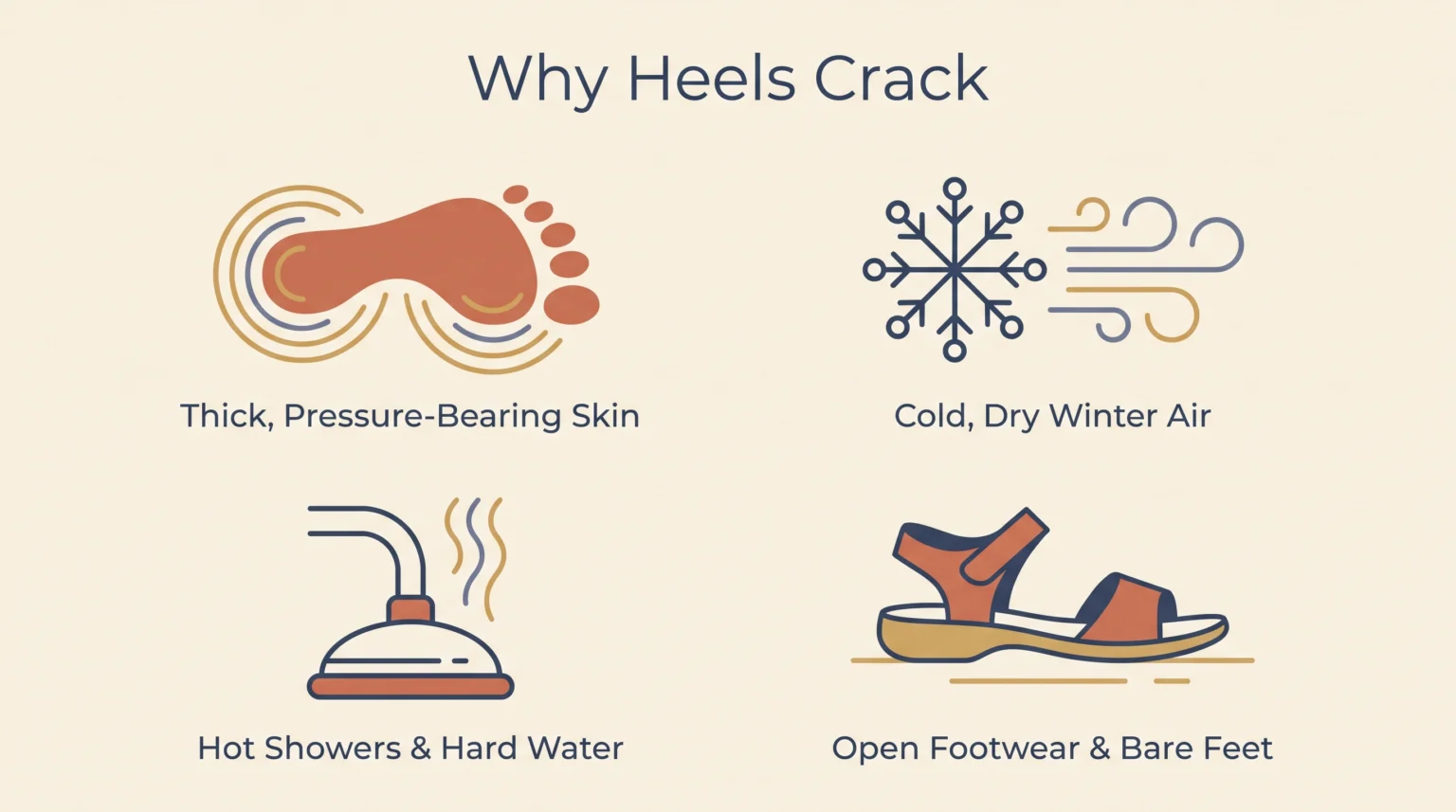 Infographic showing four causes of cracked heels: thick pressure-bearing skin, cold dry winter air, hot showers and hard water, and open footwear or barefoot walking