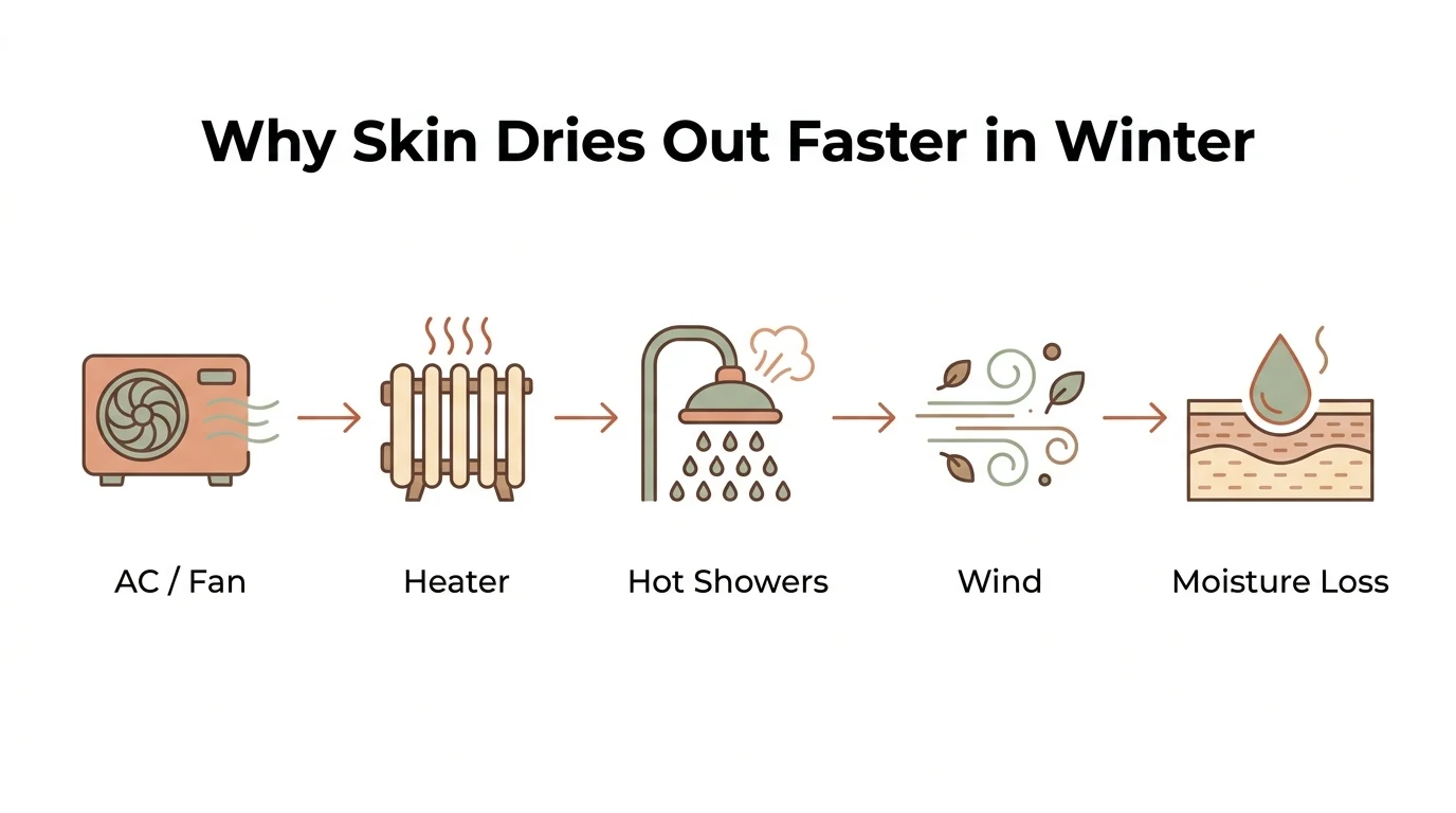 Infographic showing why skin dries out faster in winter: AC and fans, heaters, hot showers and wind all lead to moisture loss