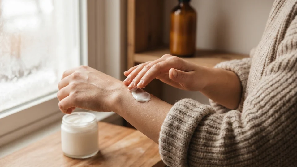 Person applying body lotion to their forearm in a softly lit winter bathroom scene