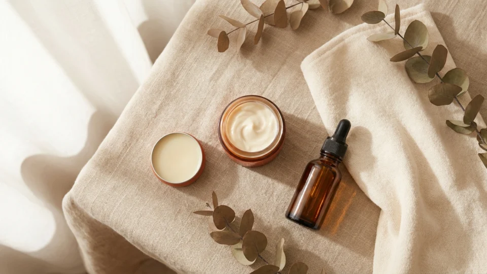 Flat-lay of winter skincare essentials: a rich moisturizer, lip balm and facial oil on a warm linen surface