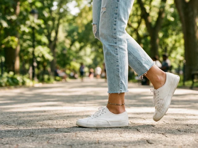 Woman wearing plain white canvas sneakers while walking on a sunlit paved park path