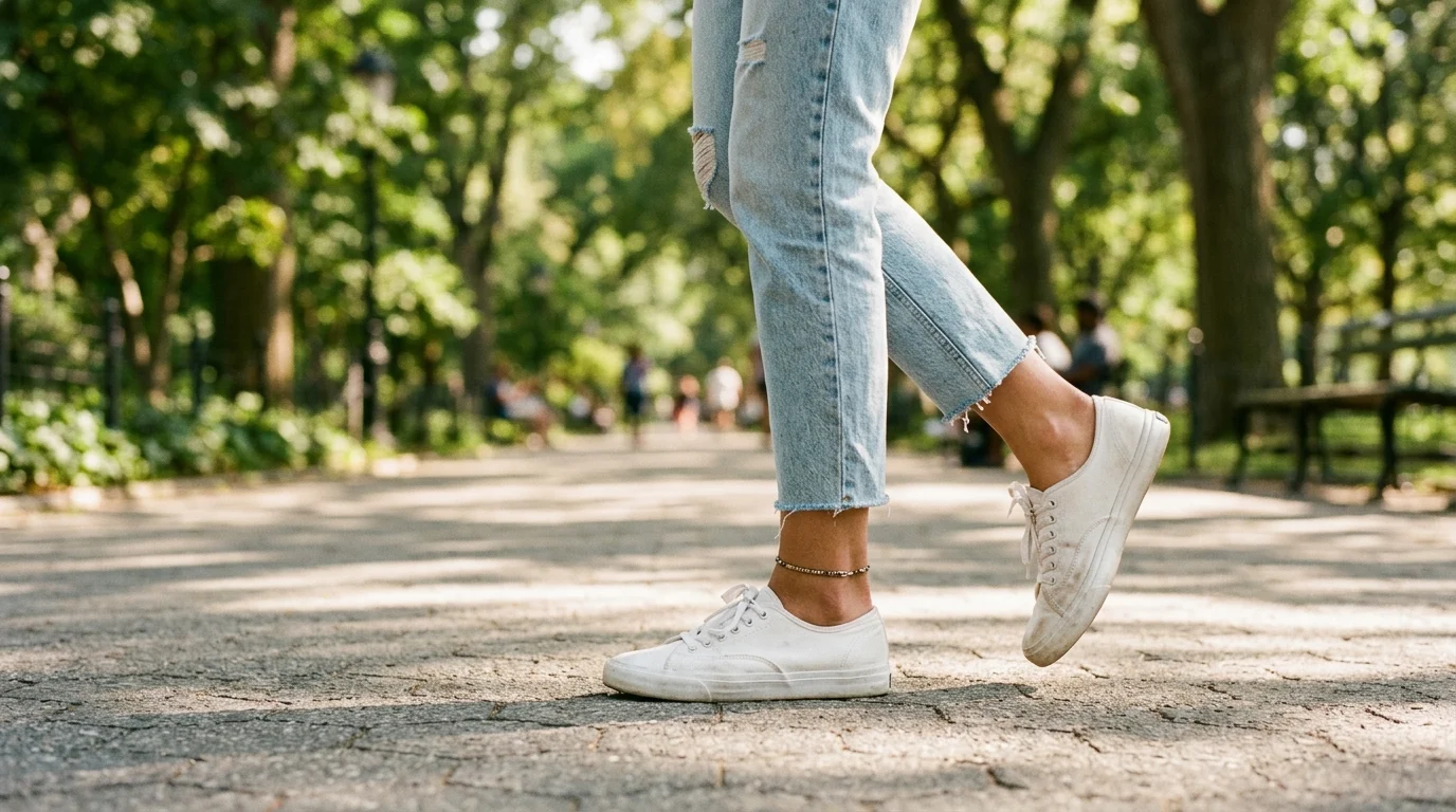 Woman wearing plain white canvas sneakers while walking on a sunlit paved park path