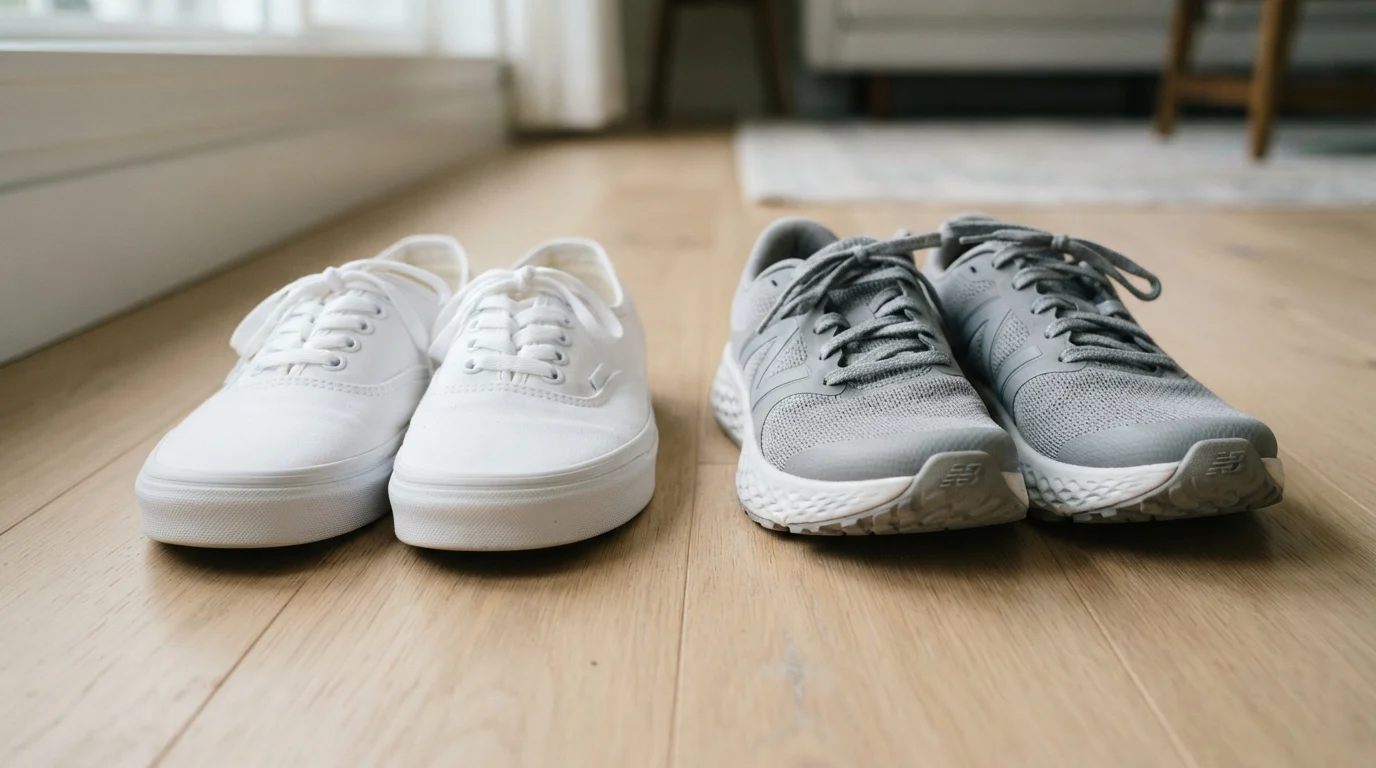 A plain canvas sneaker next to a cushioned athletic walking shoe, shown side by side for comparison