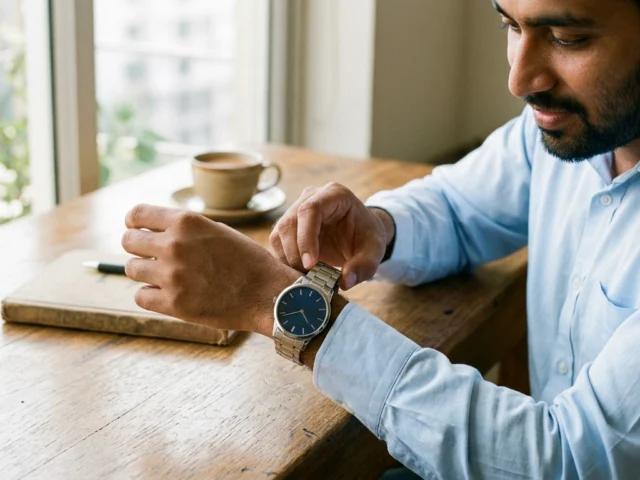A man fastening a plain silver steel analog wristwatch with a navy dial at a wooden desk near a window