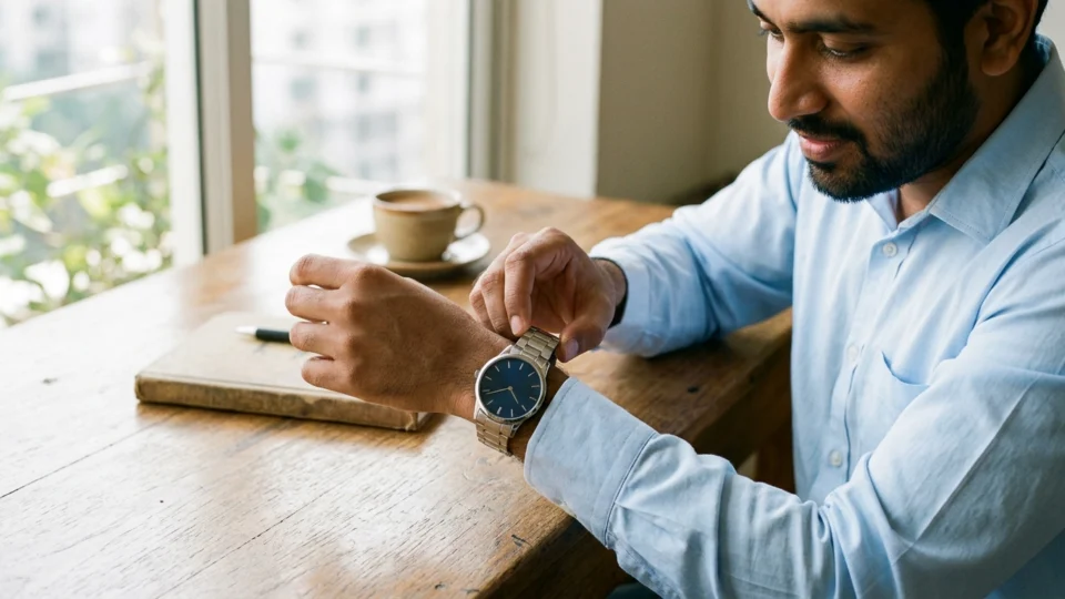 A man fastening a plain silver steel analog wristwatch with a navy dial at a wooden desk near a window