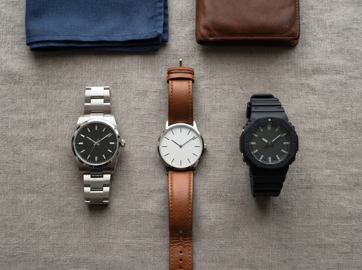 Three plain unbranded men's watches side by side: a steel bracelet watch, a brown leather strap watch and a black resin sports watch