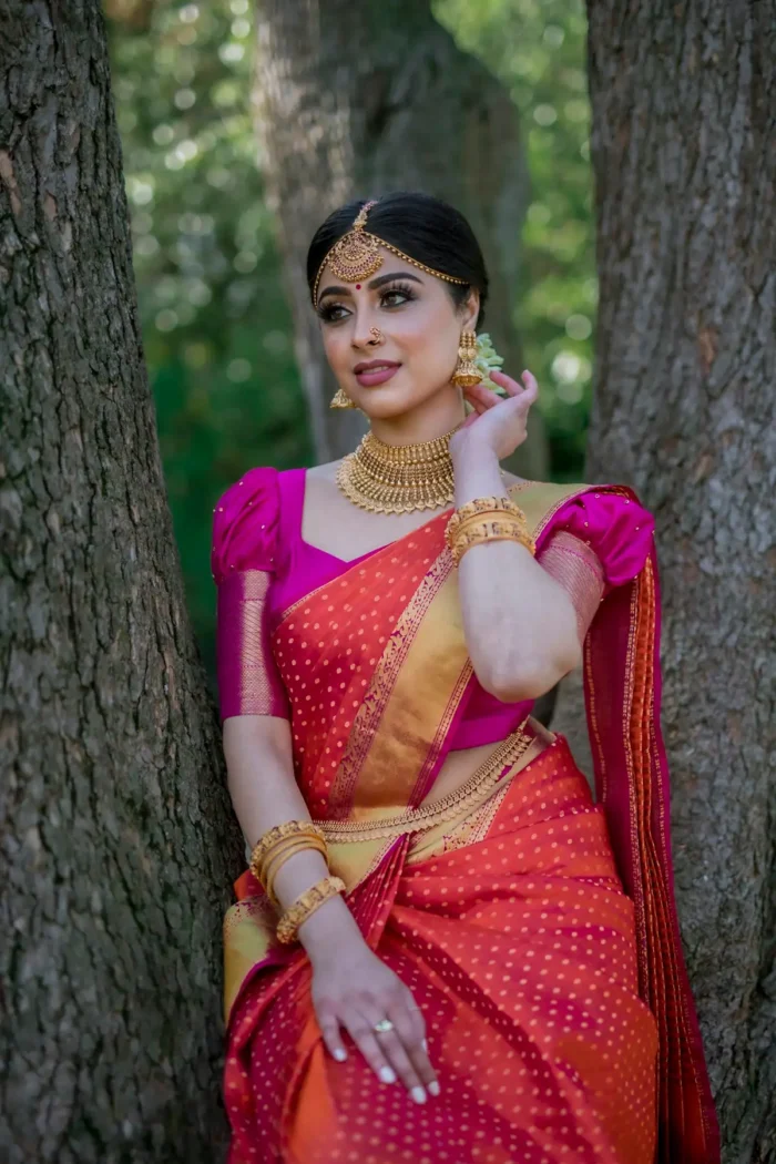 Woman in a red and gold silk saree