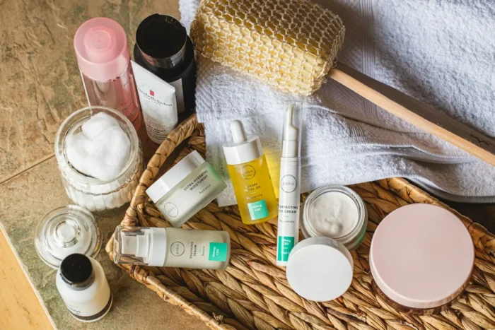 Skincare products on a wooden tray