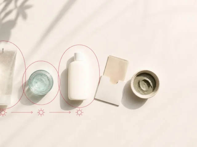 Three-step skin care routine for oily skin: gel cleanser, light moisturizer and sunscreen laid out on a warm surface